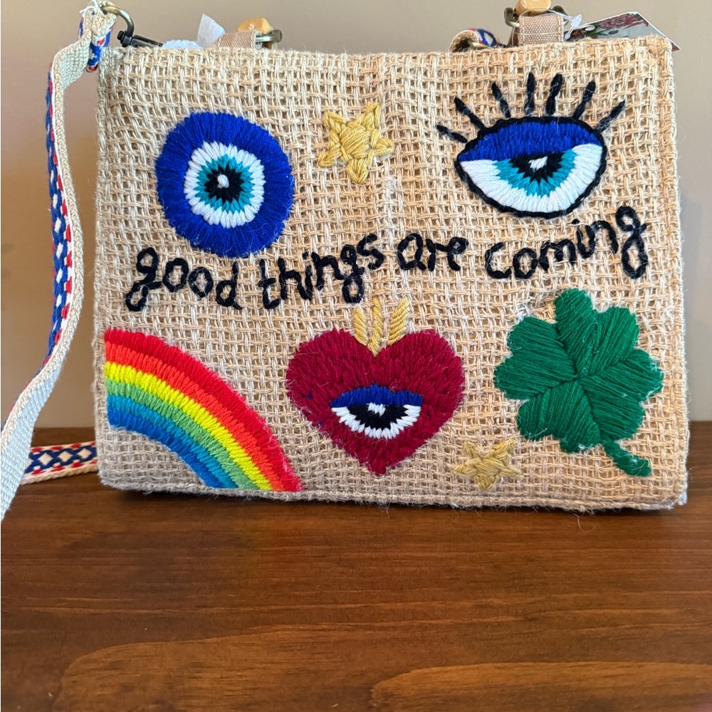 Embroidered Jute Crossbody Bag with Colorful Designs